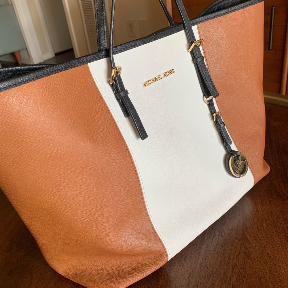 Michael Kors Jet Set Travel Tote Brown and White